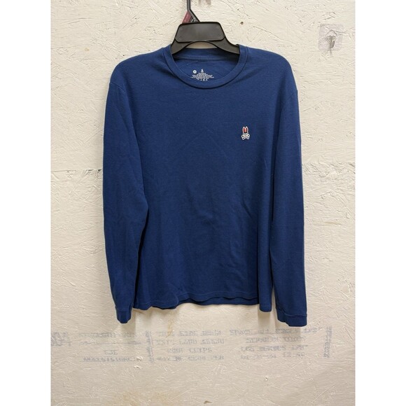 Psycho Bunny Shirt medium Waffle Knit Blue Long Sleeve Thermal Bone Logo Men - Picture 1 of 3